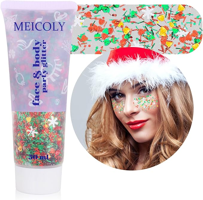 MEICOLY Christmas Face Body Glitter Gel,Christmas Hair Glitter,Christmas Accessories Stocking Stuffers Gift Decorations,Festival Face Glitter Makeup for Women Kids Girls,Chunky Glitter Face Paint