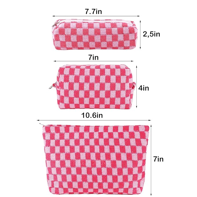 ZLFSRQ 3Pcs Makeup Bag Checkered Cosmetic Bag Set Travel Toiletry Bags for Purse Large Small Makeup Pouch for Women Cute Preppy Pencil Pouch Case Pink Zipper Skincare Bags