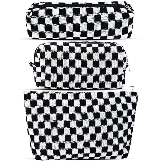ZLFSRQ 3Pcs Checkered Makeup Bag for Women Large Small Checkered Cosmetic Bag Set Aesthetic Preppy Pencil Case Cute Pencil Pouch Black Makeup Pouch for Purse Travel Toiletry Bags Zipper Skincare Bags