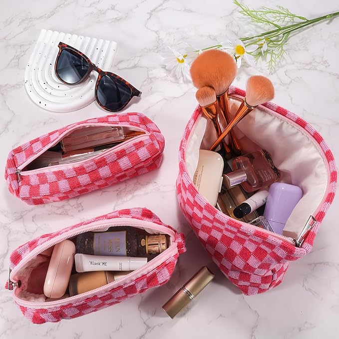 ZLFSRQ 3Pcs Makeup Bag Checkered Cosmetic Bag Set Travel Toiletry Bags for Purse Large Small Makeup Pouch for Women Cute Preppy Pencil Pouch Case Pink Zipper Skincare Bags