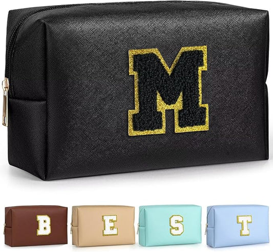 TOPEAST Monogrammed Gifts for Women, Preppy Makeup Bag Small Cosmetic Bag Travel Toiletry Bag, Personalized Birthday Gift for Girl, Wedding Bridal Shower Gifts for Bridesmaids (Black M)