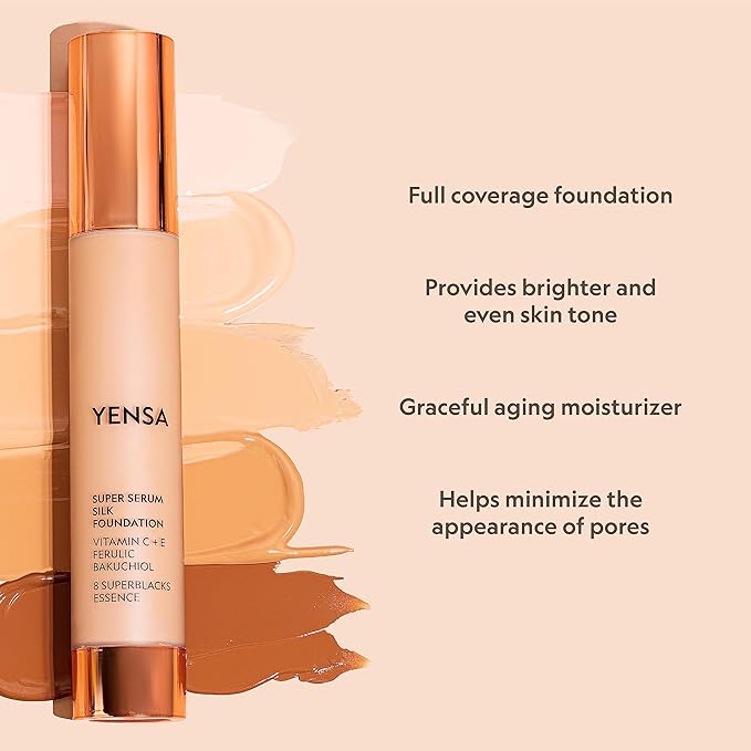 YENSA Serum Foundation Makeup - Super Silk Full Coverage Foundation Enriched with Peptides, Vitamin C & Ferulic Acid to Help Reduce Fine Lines, Wrinkles & Dark Circles - Tan 1 (1 oz)