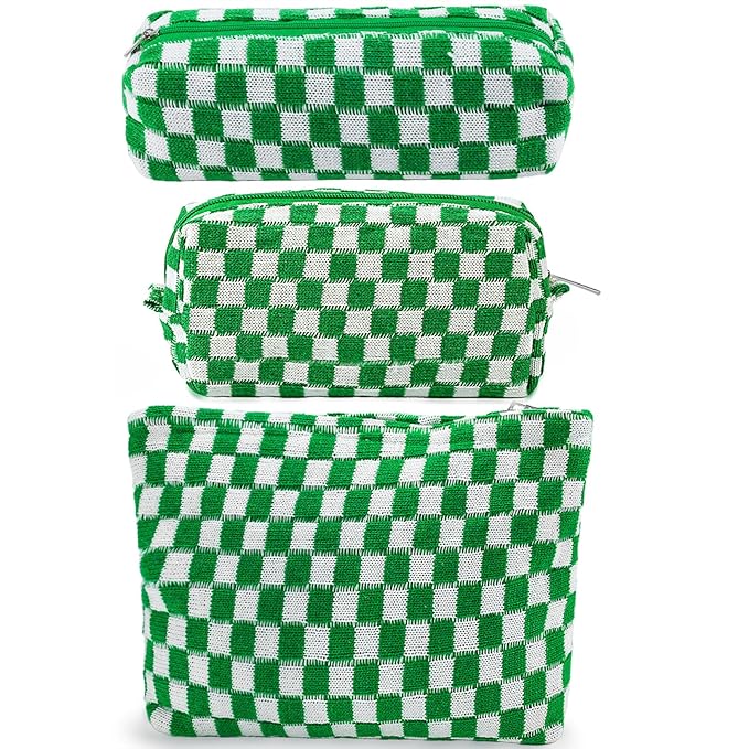 ZLFSRQ 3Pcs Checkered Makeup Bag for Women Large Small Checkered Cosmetic Bag Set Aesthetic Preppy Pencil Case Cute Pencil Pouch Green Makeup Pouch for Purse Travel Toiletry Bags Zipper Skincare Bags