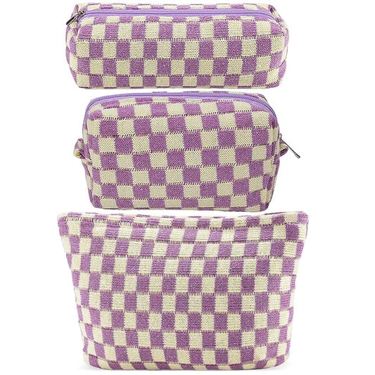 ZLFSRQ 3Pcs Checkered Makeup Bag for Women Large Small Checkered Cosmetic Bag Set Aesthetic Preppy Pencil Case Cute Pencil Pouch Purple Makeup Pouch for Purse Travel Toiletry Bags Zipper Skincare Bags