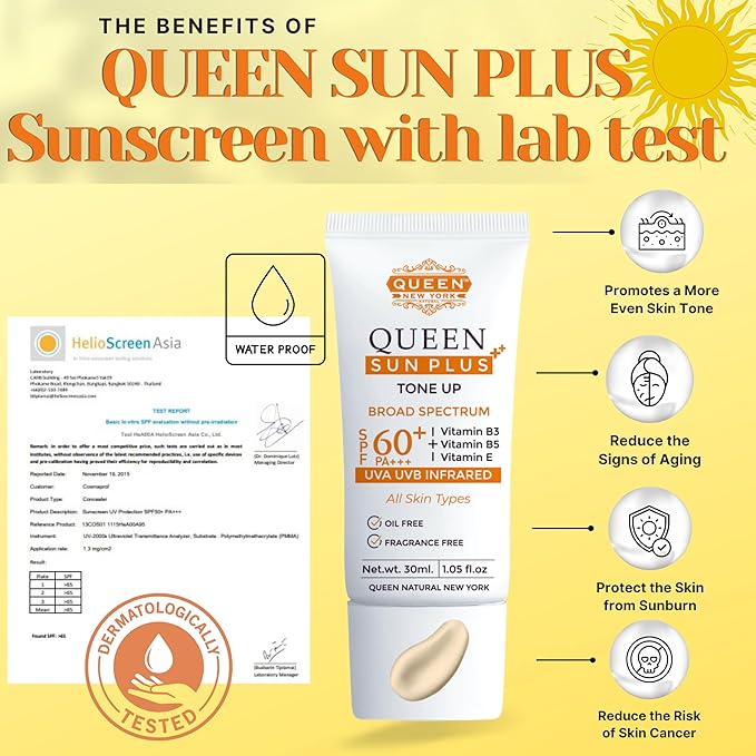 QUEEN SUN PLUS | TONE UP Sunscreen SPF 60 Primer-Anti Aging, Face Moisturizer- Vitamin B3, B5, E- Non-Greasy, Silky Touch, Instant dry-oil free, fragrance free by QUEEN NATURAL NEW YORK (Pack of 1)