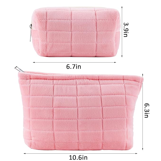ZLFSRQ 2Pcs Makeup Bag for Women Trendy Large Capacity Cosmetic Bags Plush Pencil Case Pink Checkered Pouch for Purse Coquette Zippered Toiletry Bag Organizer Y2K Aesthetic Pencil Pouch