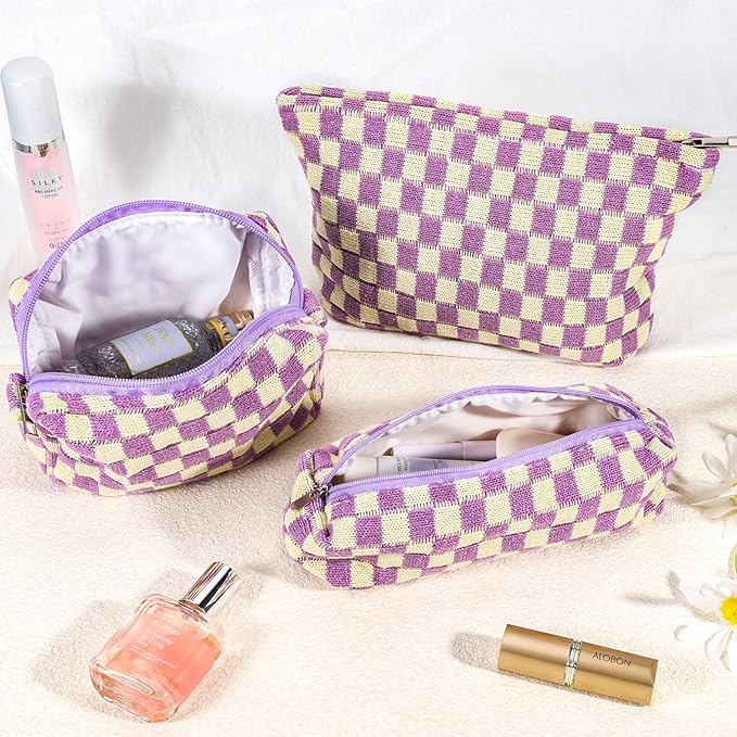 ZLFSRQ 3Pcs Checkered Makeup Bag for Women Large Small Checkered Cosmetic Bag Set Aesthetic Preppy Pencil Case Cute Pencil Pouch Purple Makeup Pouch for Purse Travel Toiletry Bags Zipper Skincare Bags