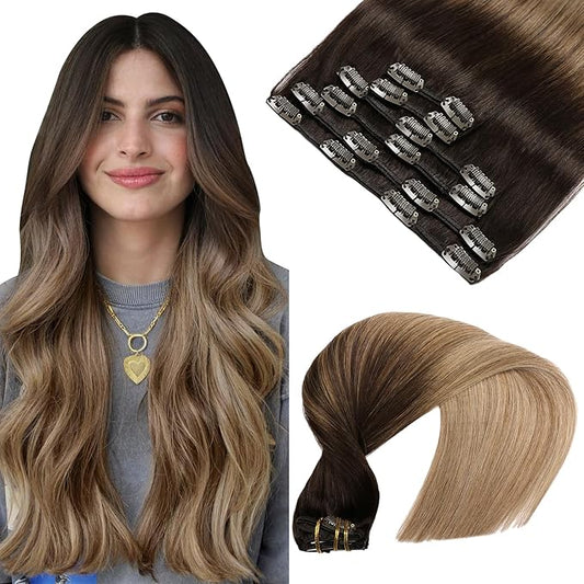 VINBAO Hair Extensions Clip in Human Hair Balayage Dark Brown to Dirty Blonde 16 Inch 100g 6pcs Remy Clip in Hair Extensions Straight Thick Human Hair Extension (#2/6/18, 16'')
