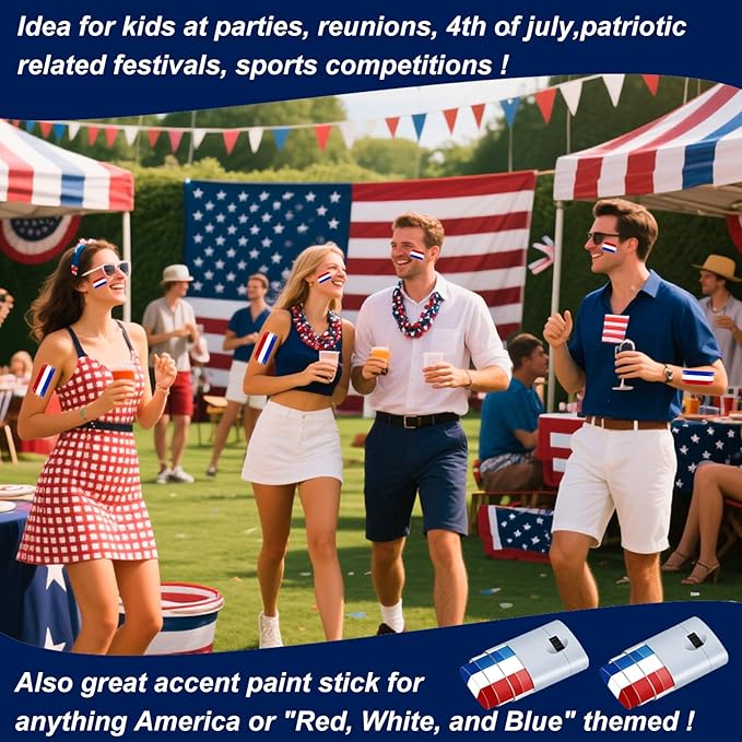 4pcs Red White and Blue Face Paint Stick, Long Lasting Patriotic Body Painting Baseball Eye Black America USA Flag Makeup Stick 4th of July Accessories for Kids Women Men Sports Party Independence Day