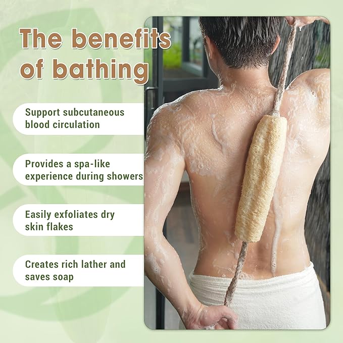 Vietnamese Natural Loofah Back Scrubber - 100% Plant-Based Exfoliation Shower Sponge, Handcrafted Whole Loofah Gourd with Jute Fiber Handle, Suitable for Men & Women (1-Pack)