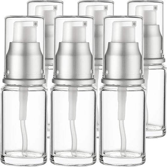 0.5 Oz 15ml Refillable Luxury Clear Glass Lotion Travel Pump Bottle with Silver Cap for Cosmetics, Lotion, Body Cream, Sanitizers, Cream, Foundation (Pack of 6)