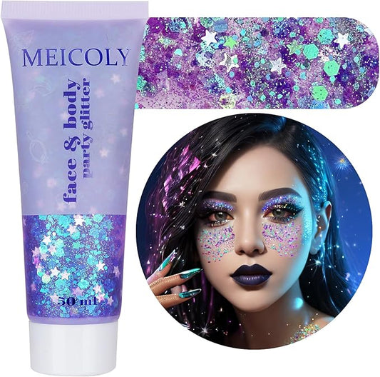 MEICOLY Light Purple Hair Glitter,Chameleon Purple Mermaid Face Glitter,Glitter Face Paint for Halloween,Mardi Gras Outfit for Women,Rave Glitter Makeup Sparkle Chunky Glitter for Women,50ml