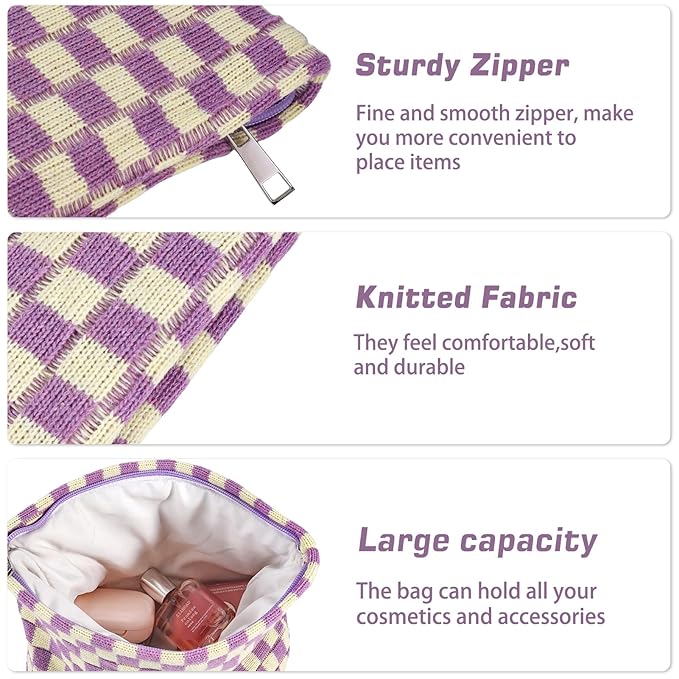 ZLFSRQ 3Pcs Checkered Makeup Bag for Women Large Small Checkered Cosmetic Bag Set Aesthetic Preppy Pencil Case Cute Pencil Pouch Purple Makeup Pouch for Purse Travel Toiletry Bags Zipper Skincare Bags