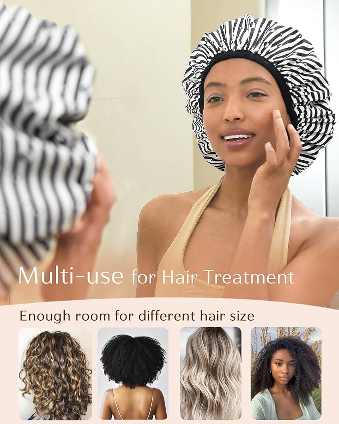 Yanibest Shower Cap Reusable Waterproof - Double Layer Shower Caps for Women, Washable Shower Bonnet with Soft Non-Slip Elastic Band, Bath Hair Hat for Most Hair Types