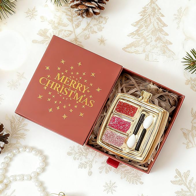WDS WONDROUS Makeup Palette Christmas Ornament Glass, Gold and Pink Eye Shadow Palette Hanging Ornament for Christmas Tree Decoration Holiday Party Home Gift