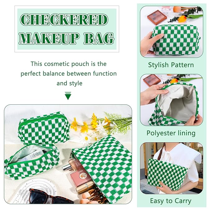 ZLFSRQ 3Pcs Checkered Makeup Bag for Women Large Small Checkered Cosmetic Bag Set Aesthetic Preppy Pencil Case Cute Pencil Pouch Green Makeup Pouch for Purse Travel Toiletry Bags Zipper Skincare Bags