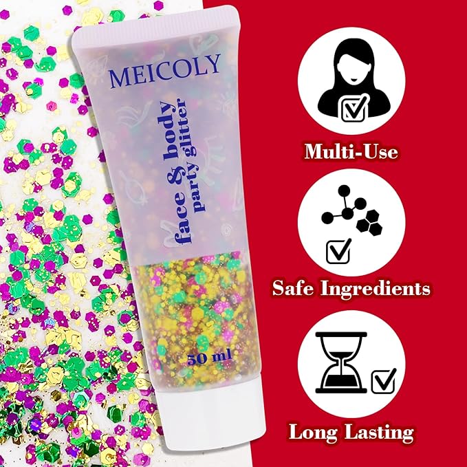 MEICOLY Mardi Gras Face Glitter,Mardi Gras Outfit for Women Kids,Mardi Gras Accessories for Carnival,Gold Green Purple Mixed Chunky Glitter,Rave Festival St Patricks Day Glitter for Face/Body/Hair