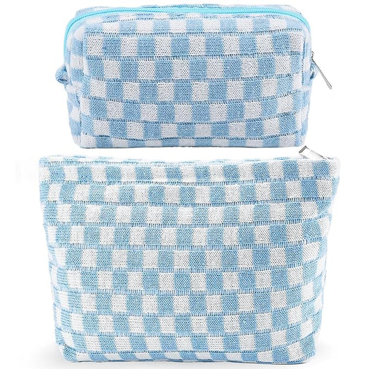 ZLFSRQ 2Pcs Checkered Makeup Bag for Women Large Small Checkered Cosmetic Bag Set Aesthetic Preppy Pencil Case Cute Pencil Pouch Blue Makeup Pouch for Purse Travel Toiletry Bags Zipper Skincare Bags