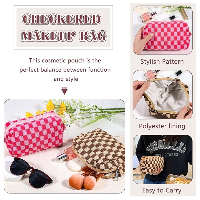 ZLFSRQ 2Pcs Checkered Pencil Case Cute Pencil Pouch for Teens Checkered Makeup Bag Medium Travel Cosmetic Bag Preppy Makeup Pouch for Purse Aesthetic Zipper Toiletry Bags Organizer(Pink/Brown)