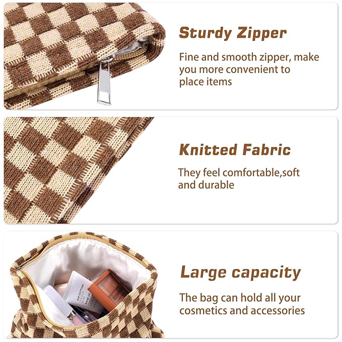 ZLFSRQ 3Pcs Checkered Makeup Bag for Women Large Small Checkered Cosmetic Bag Set Aesthetic Preppy Pencil Case Cute Pencil Pouch Brown Makeup Pouch for Purse Travel Toiletry Bags Zipper Skincare Bags
