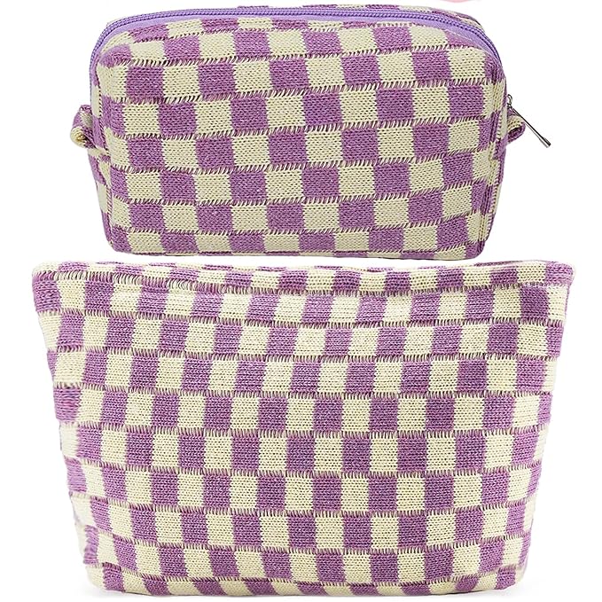 ZLFSRQ 2Pcs Checkered Makeup Bag for Women Large Small Checkered Cosmetic Bag Set Aesthetic Preppy Pencil Case Cute Pencil Pouch Purple Makeup Pouch for Purse Travel Toiletry Bags Zipper Skincare Bags