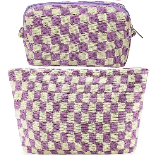 ZLFSRQ 2Pcs Checkered Makeup Bag for Women Large Small Checkered Cosmetic Bag Set Aesthetic Preppy Pencil Case Cute Pencil Pouch Purple Makeup Pouch for Purse Travel Toiletry Bags Zipper Skincare Bags