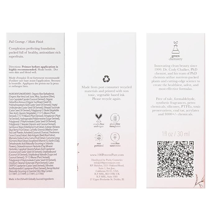 100% PURE Healthy Foundation Full Face Coverage Makeup, Liquid Matte Finish with Anti-Aging Benefits - Vegan - Gorgeous Fruit Pigmented Creme Color - (Fair with Warm Undertones) - 1 Fl Oz