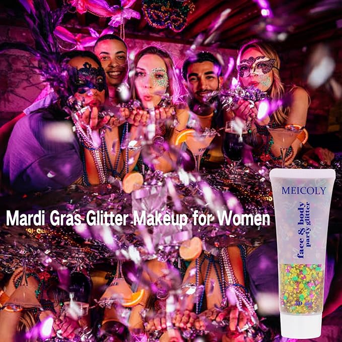 MEICOLY Mardi Gras Face Glitter,Mardi Gras Outfit for Women Kids,Mardi Gras Accessories for Carnival,Gold Green Purple Mixed Chunky Glitter,Rave Festival St Patricks Day Glitter for Face/Body/Hair