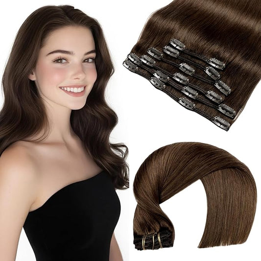 VINBAO Remy Clip in Human Hair Extensions Color 4 Medium Brown Thick End Double Drawn Seamless Real Human Hair 16 Inch 100g 6pcs Clip in Hair Extensions Straight Thick (#4, 16'')