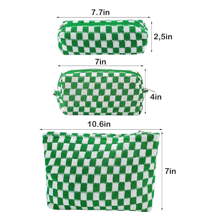 ZLFSRQ 3Pcs Checkered Makeup Bag for Women Large Small Checkered Cosmetic Bag Set Aesthetic Preppy Pencil Case Cute Pencil Pouch Green Makeup Pouch for Purse Travel Toiletry Bags Zipper Skincare Bags