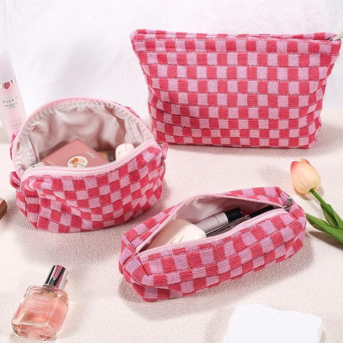 ZLFSRQ 3Pcs Makeup Bag Checkered Cosmetic Bag Set Travel Toiletry Bags for Purse Large Small Makeup Pouch for Women Cute Preppy Pencil Pouch Case Pink Zipper Skincare Bags