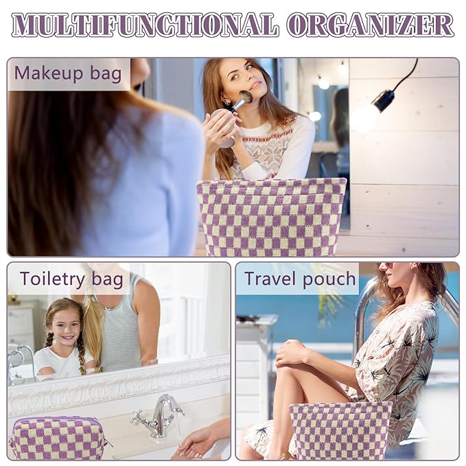 ZLFSRQ 3Pcs Checkered Makeup Bag for Women Large Small Checkered Cosmetic Bag Set Aesthetic Preppy Pencil Case Cute Pencil Pouch Purple Makeup Pouch for Purse Travel Toiletry Bags Zipper Skincare Bags