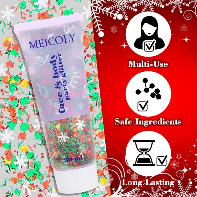 MEICOLY Christmas Face Body Glitter Gel,Christmas Hair Glitter,Christmas Accessories Stocking Stuffers Gift Decorations,Festival Face Glitter Makeup for Women Kids Girls,Chunky Glitter Face Paint