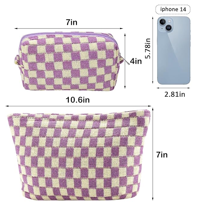 ZLFSRQ 2Pcs Checkered Makeup Bag for Women Large Small Checkered Cosmetic Bag Set Aesthetic Preppy Pencil Case Cute Pencil Pouch Purple Makeup Pouch for Purse Travel Toiletry Bags Zipper Skincare Bags