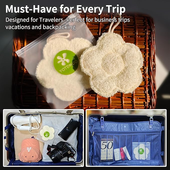 Travel Loofah Made from Real Egyptian Shower Loofah Spong Natural,Rough,Exfoliating,Quick-Drying,Lightweight,Rich Foam,Designed for Travel Convenient to Pack and Carry(2pack)