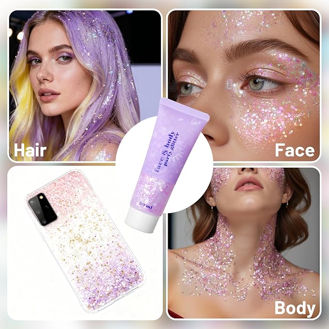 DAGEDA Silver Pink Body Glitter Gel, Holographic Face Glitter Rave Party Accessories, Chunky Glitters for Hair Eyes Nails, Cosmetic Laser Powder Festival Sequins Paint Makeup