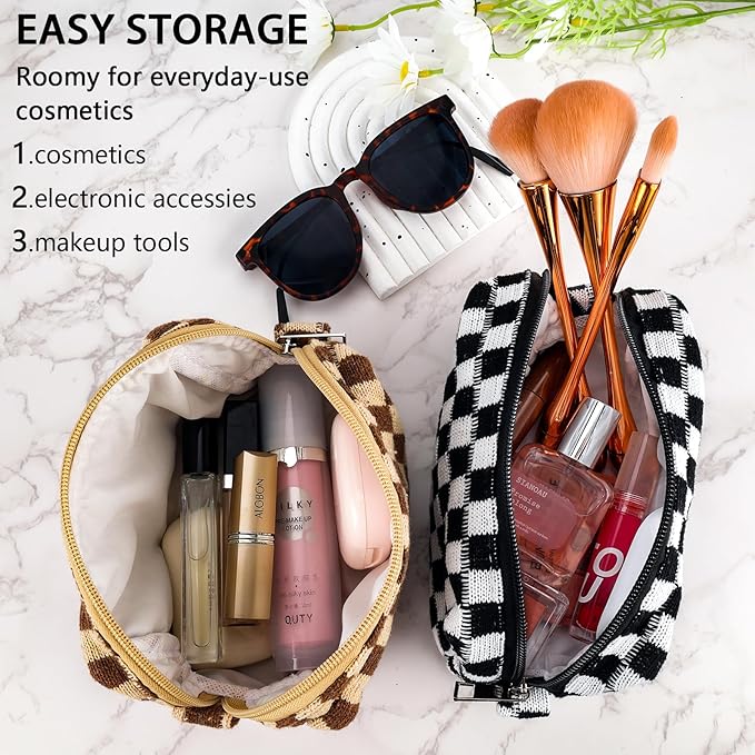 ZLFSRQ 2Pcs Checkered Pencil Case Cute Pencil Pouch for Teens Checkered Makeup Bag Medium Travel Cosmetic Bag Preppy Makeup Pouch for Purse Aesthetic Zipper Toiletry Bags Organizer(Black/Brown)