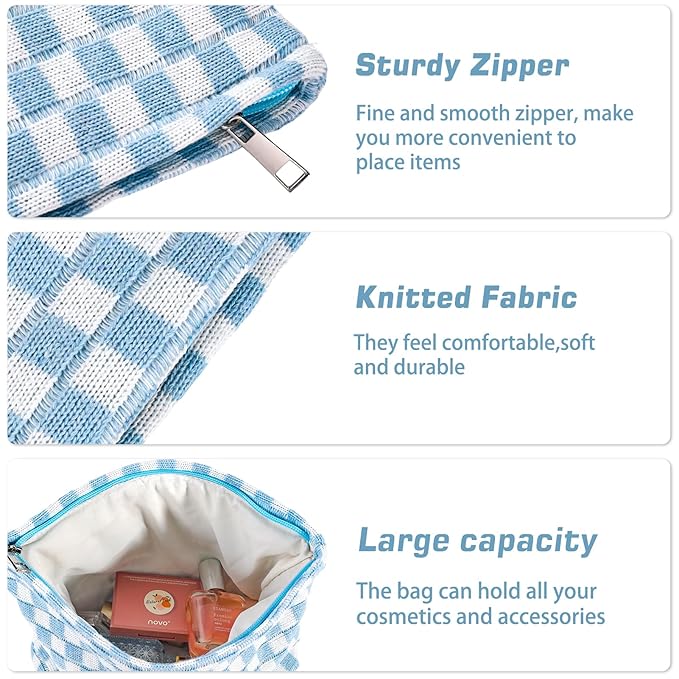 ZLFSRQ 3Pcs Checkered Makeup Bag for Women Large Small Checkered Cosmetic Bag Set Aesthetic Preppy Pencil Case Cute Pencil Pouch Blue Makeup Pouch for Purse Travel Toiletry Bags Zipper Skincare Bags