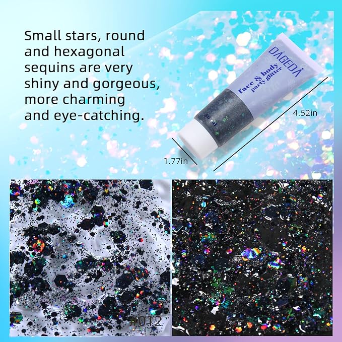 DAGEDA Body Glitter Gel, Face Glitters Body Gel Sequins Shimmer Liquid Eyeshadow, Chunky Glitter for Face Hair Nails, Holographic Cosmetic Laser Powder Festival Glitter Makeup 1.7oz (Black)
