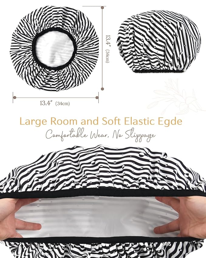 Yanibest Shower Cap Reusable Waterproof - Double Layer Shower Caps for Women, Washable Shower Bonnet with Soft Non-Slip Elastic Band, Bath Hair Hat for Most Hair Types