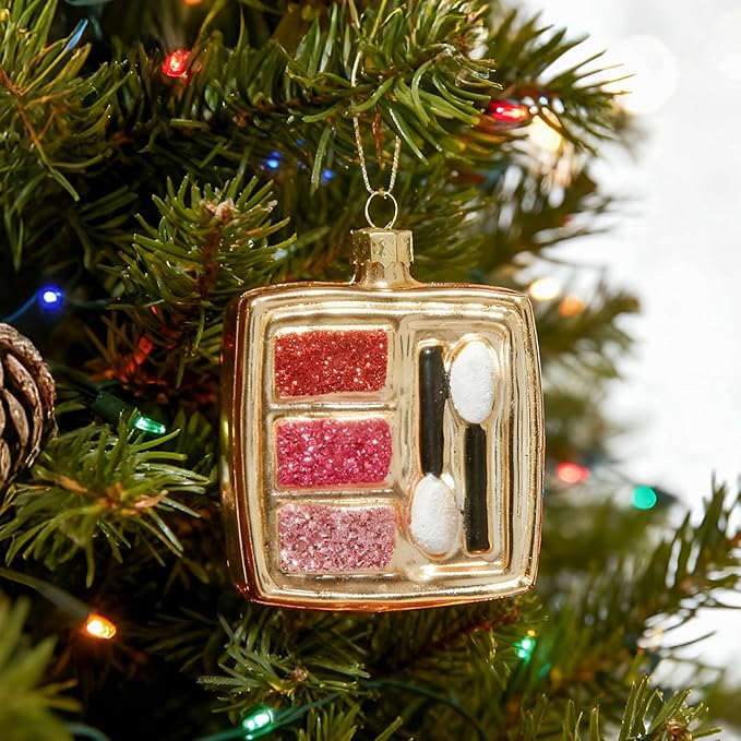 WDS WONDROUS Makeup Palette Christmas Ornament Glass, Gold and Pink Eye Shadow Palette Hanging Ornament for Christmas Tree Decoration Holiday Party Home Gift