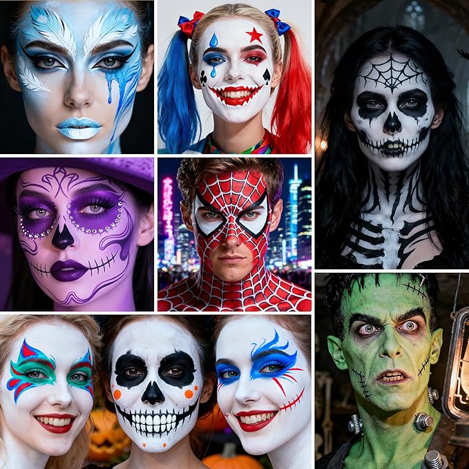 White Face Paint - Professional Water-Based Non-Toxic Body Painting for Skeleton Vampire Clown Halloween SFX Cosplay, Cream Formula Washable paint for Costume Party Theater Stage Performance