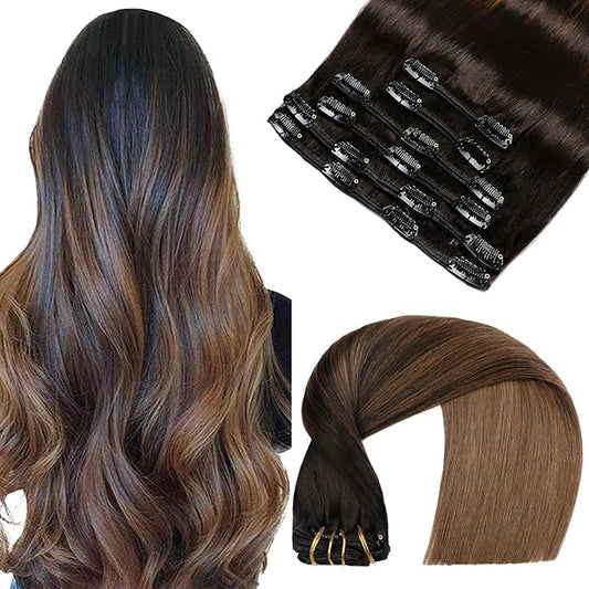 VINBAO Clip in Hair Extensions Remy Human Hair Color 1B Natural Black Fading to 4 Middle Brown 14 inch 100 Gram 6 Pcs Soft Clip in Real Human Hair Extensions for Women Thick End (#1BT4,14'')