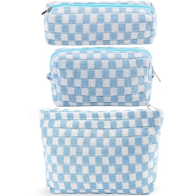 ZLFSRQ 3Pcs Checkered Makeup Bag for Women Large Small Checkered Cosmetic Bag Set Aesthetic Preppy Pencil Case Cute Pencil Pouch Blue Makeup Pouch for Purse Travel Toiletry Bags Zipper Skincare Bags