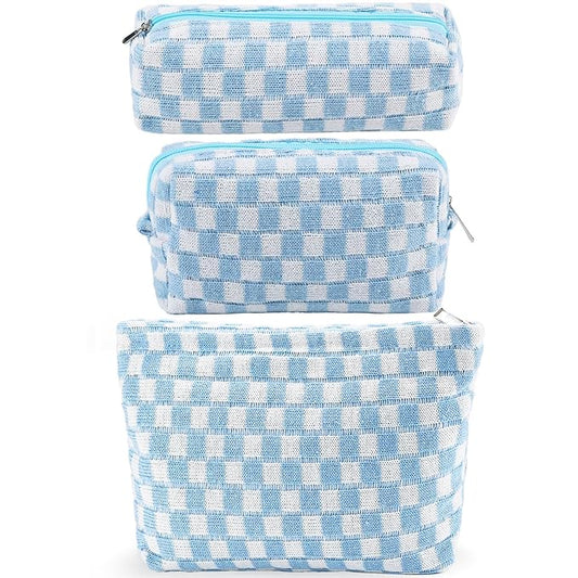 ZLFSRQ 3Pcs Checkered Makeup Bag for Women Large Small Checkered Cosmetic Bag Set Aesthetic Preppy Pencil Case Cute Pencil Pouch Blue Makeup Pouch for Purse Travel Toiletry Bags Zipper Skincare Bags