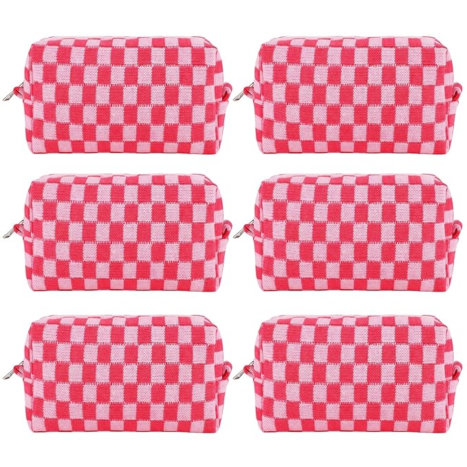 ZLFSRQ 6Pcs Checkered Pencil Case Cute Pencil Pouch for Teens Checkered Makeup Bag Pink Medium Travel Cosmetic Bag Makeup Pouch for Purse Aesthetic Trendy Zipper Toiletry Bags Organizer