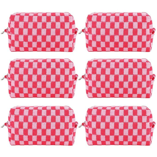 ZLFSRQ 6Pcs Checkered Pencil Case Cute Pencil Pouch for Teens Checkered Makeup Bag Pink Medium Travel Cosmetic Bag Makeup Pouch for Purse Aesthetic Trendy Zipper Toiletry Bags Organizer