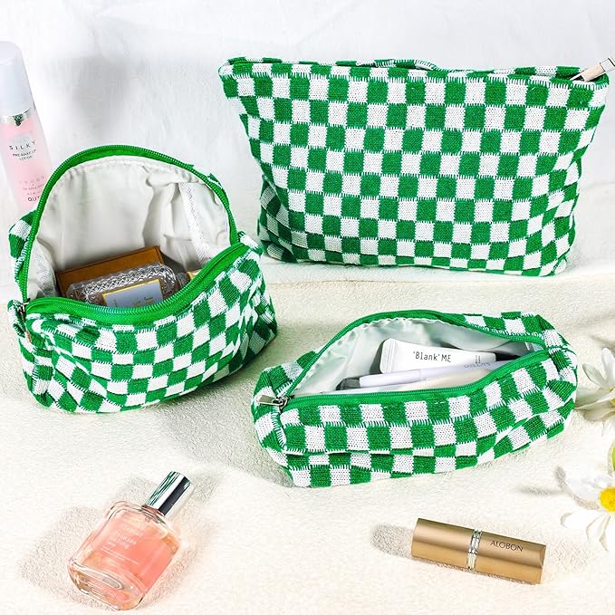 ZLFSRQ 3Pcs Checkered Makeup Bag for Women Large Small Checkered Cosmetic Bag Set Aesthetic Preppy Pencil Case Cute Pencil Pouch Green Makeup Pouch for Purse Travel Toiletry Bags Zipper Skincare Bags