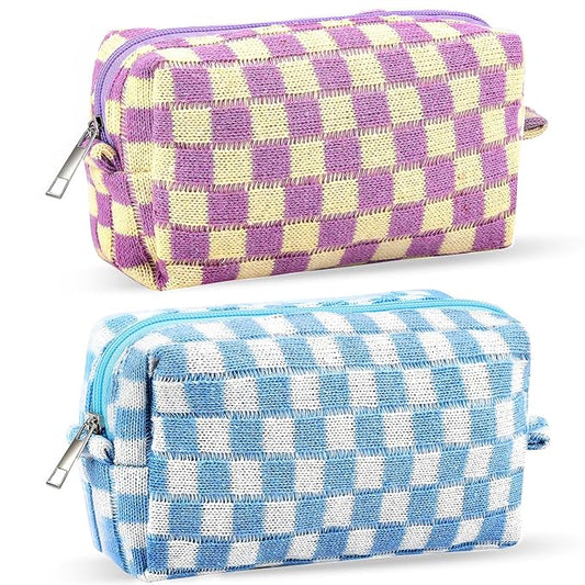 ZLFSRQ 2Pcs Checkered Pencil Case Cute Pencil Pouch for Teens Checkered Makeup Bag Medium Travel Cosmetic Bag Preppy Makeup Pouch for Purse Aesthetic Zipper Toiletry Bags Organizer(Blue/Purple)