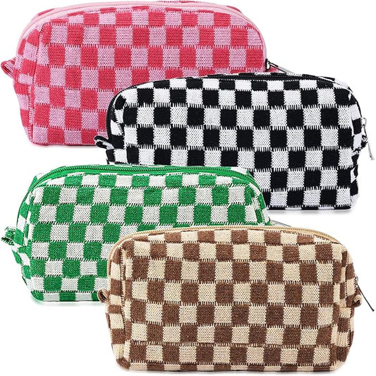 ZLFSRQ 4Pcs Checkered Pencil Case Cute Pencil Pouch for Teens Checkered Makeup Bag Medium Travel Cosmetic Bag Makeup Pouch for Purse Aesthetic Trendy Zipper Toiletry Bags(Green/Black/Pink/Brown)
